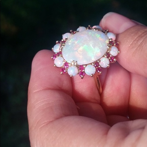 SOLD Estate 18k Opal Ruby Halo Ring - Picture 3 of 7